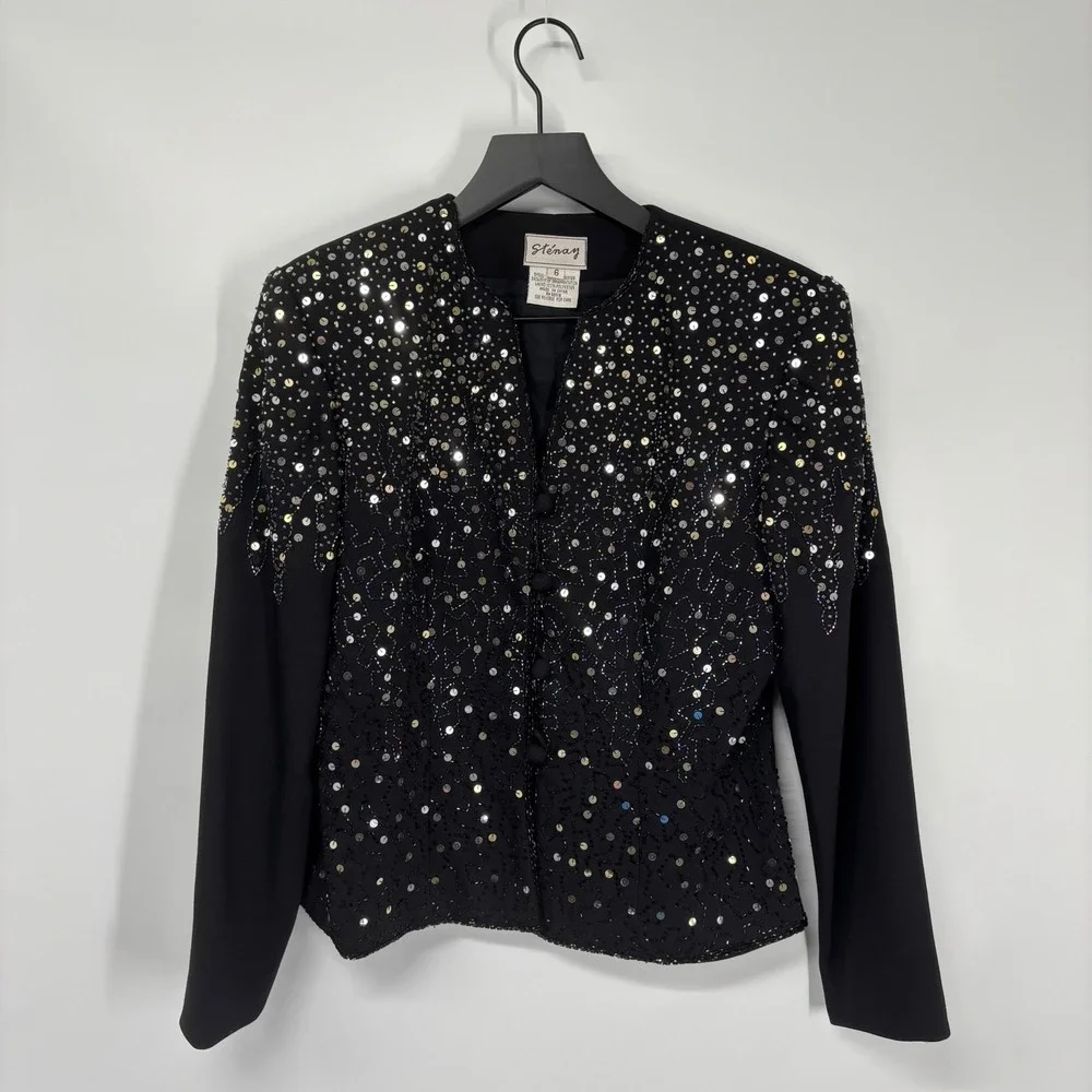 Stenay Sequin Beaded Jacket Womens 6 Black Gold Silver Evening Formal Vintage